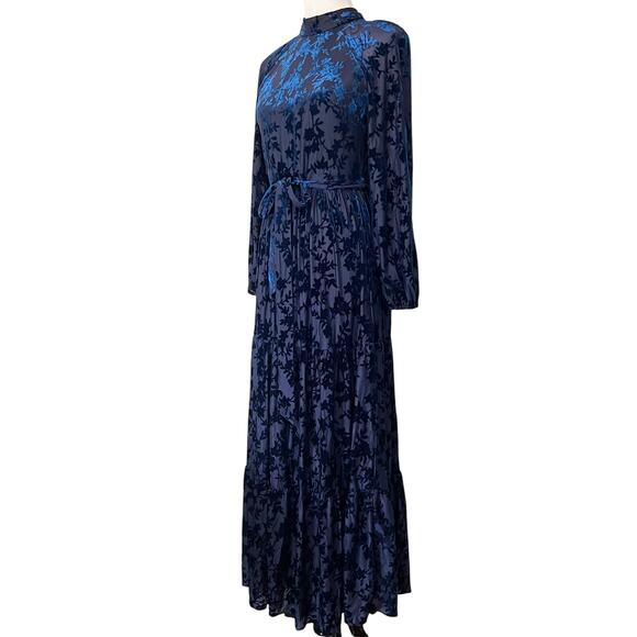 Maison Tara Women's Long Sleeve Velvet Burnout Mock Neck Maxi Dress Blue Sz 8 - Picture 3 of 8